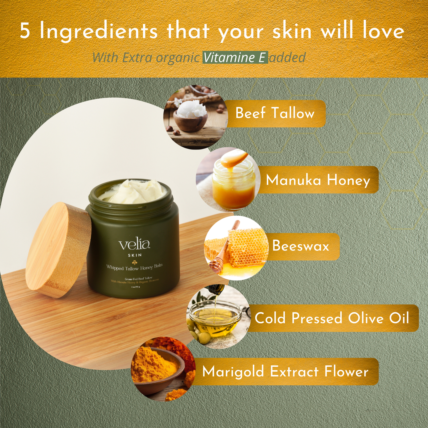 Velia Beef Tallow Honey Balm - 100% Natural