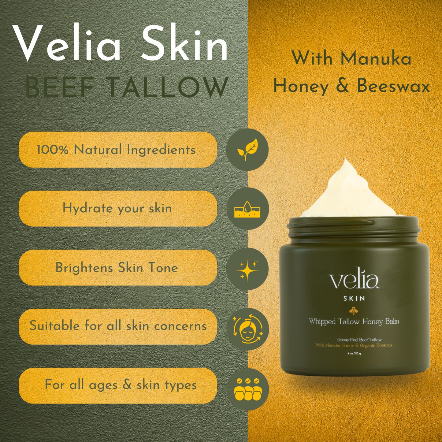 Velia Beef Tallow Honey Balm - 100% Natural