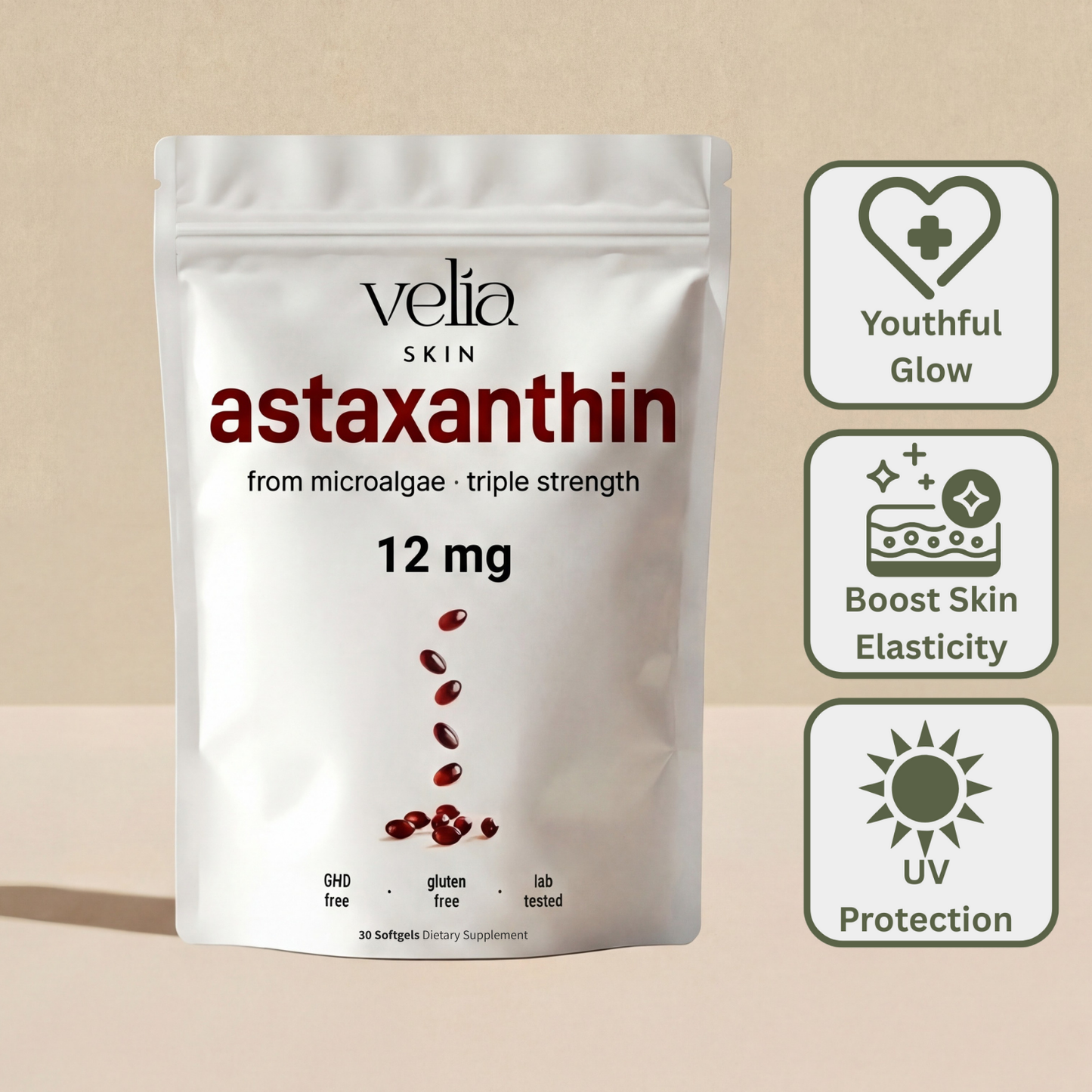 Velia Astaxanthin Elixir® — 12mg Daily Antioxidant for Glowing, Resilient Skin