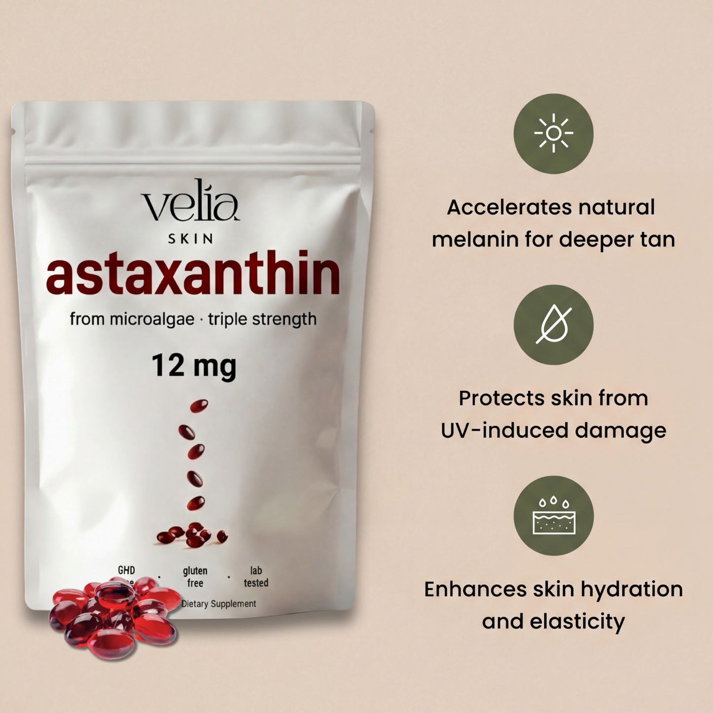 Velia Astaxanthin Elixir® — 12mg Daily Antioxidant for Glowing, Resilient Skin