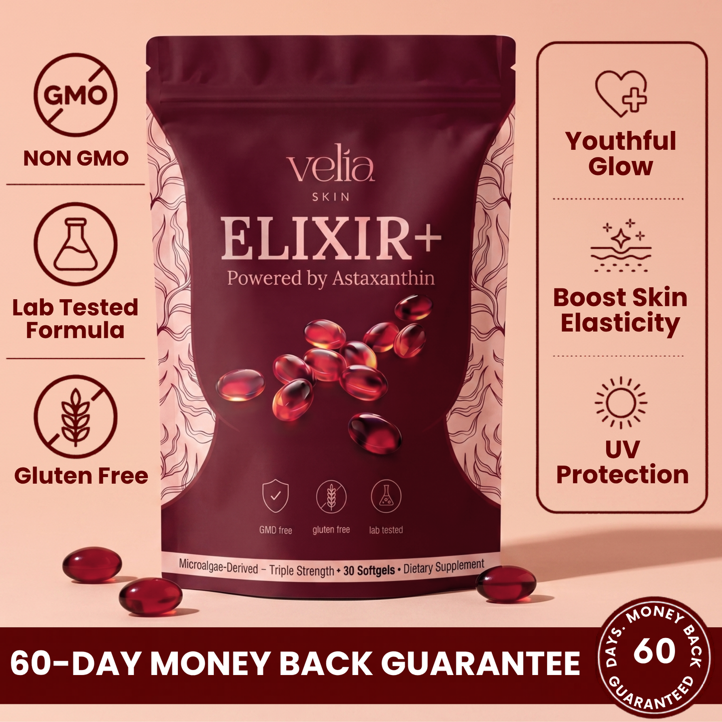 Velia ELIXIR+ Powered By Astaxanthin  — 12mg Daily Antioxidant for Glowing, Resilient Skin