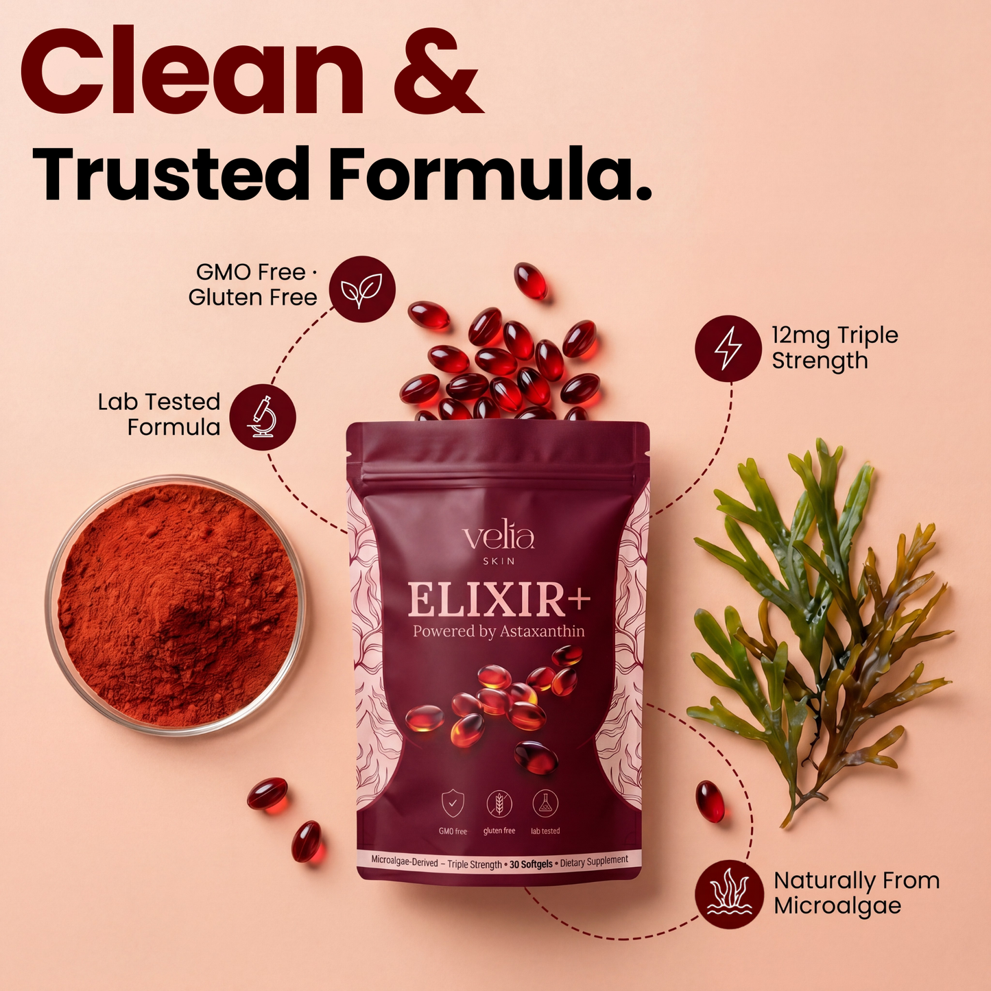 Velia ELIXIR+ Powered By Astaxanthin  — 12mg Daily Antioxidant for Glowing, Resilient Skin