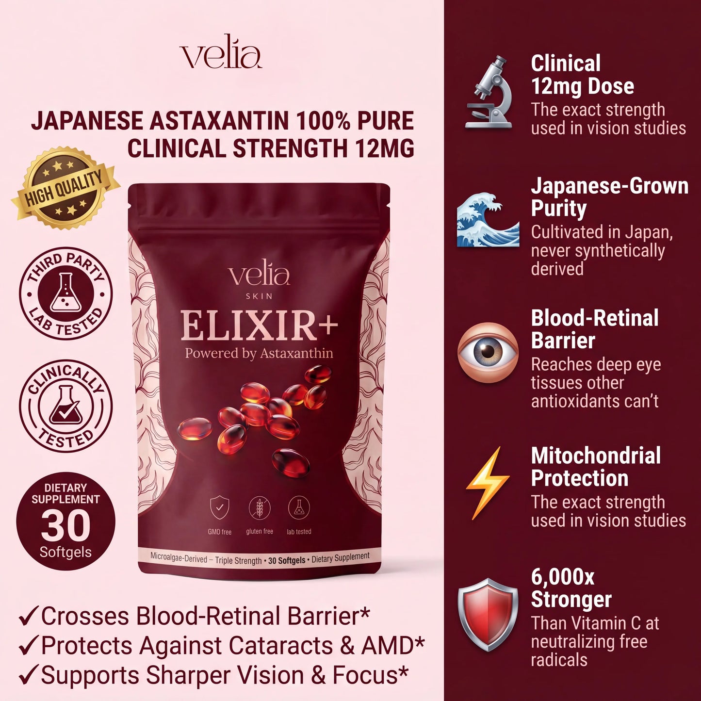 Velia ELIXIR+ Powered By Astaxanthin — Naturally Protects Your Eye Cells To Restore Sharp, Clear Vision