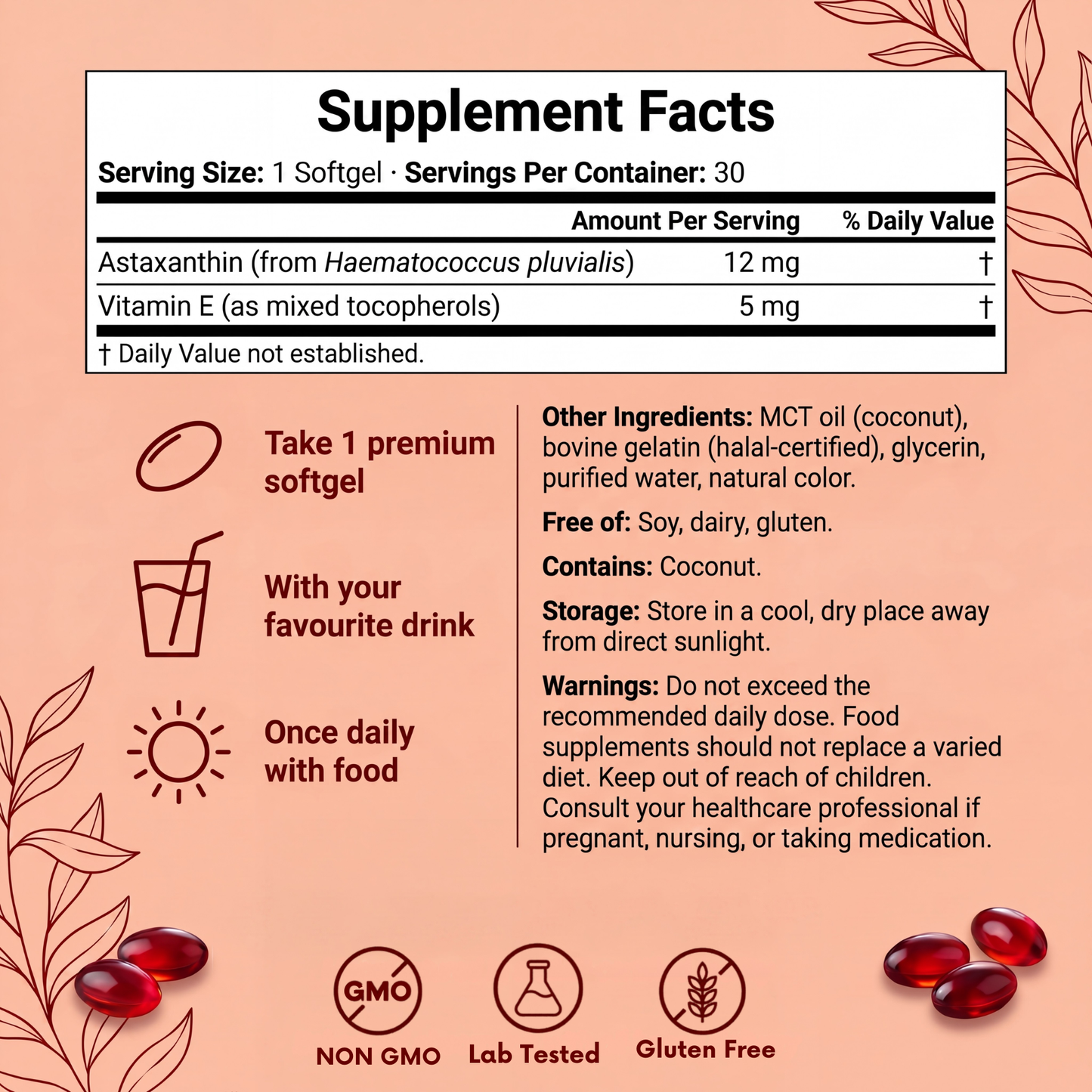 Velia ELIXIR+ Powered By Astaxanthin  — 12mg Daily Antioxidant for Glowing, Resilient Skin