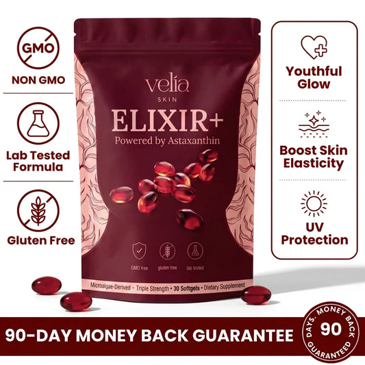 Velia ELIXIR+ Powered By Astaxanthin  — 12mg Daily Antioxidant for Glowing, Resilient Skin