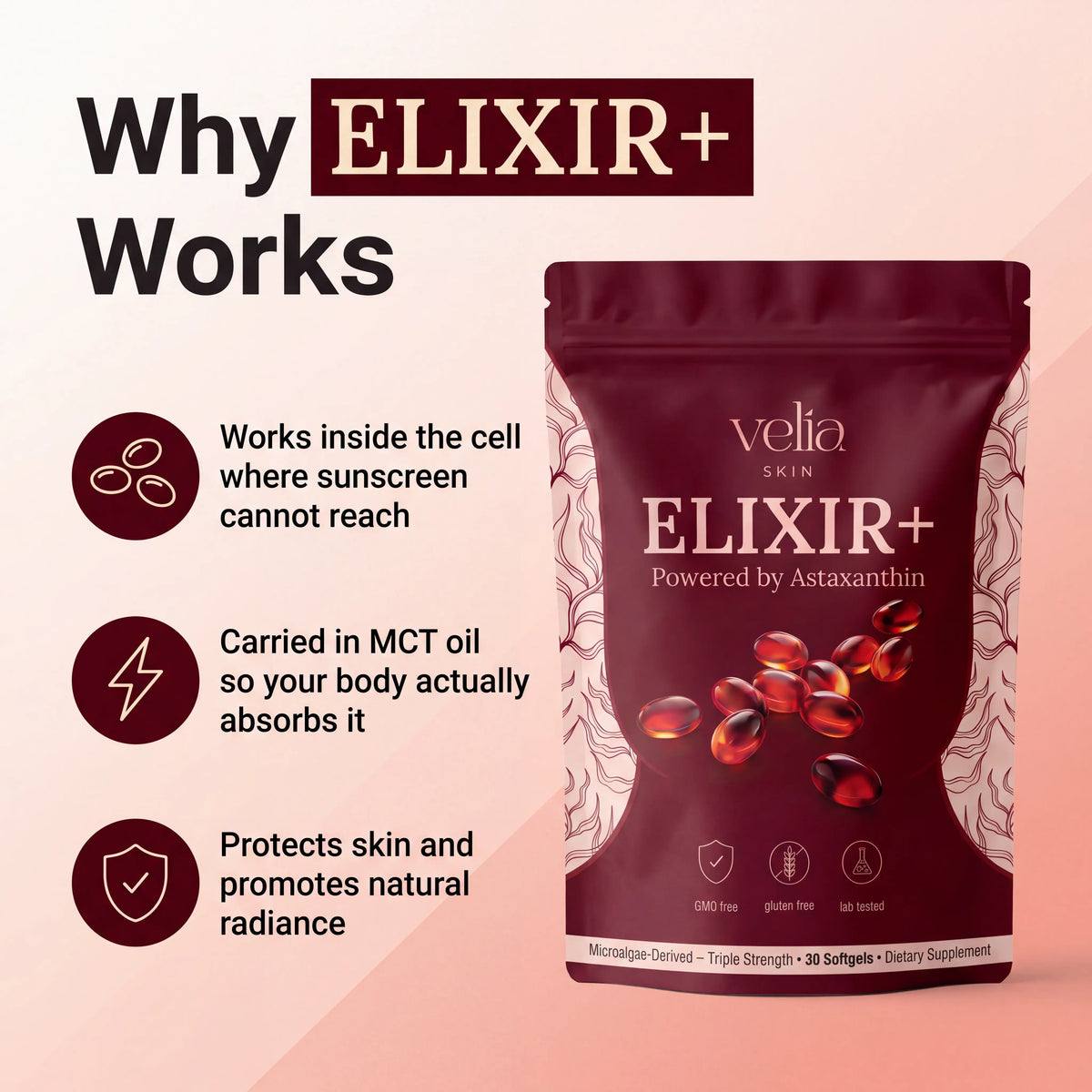 Velia ELIXIR+ Astaxanthin - Nature’s Most Powerful Antioxidant for Whole Body Support & Cellular Protection - 12mg Triple Strength