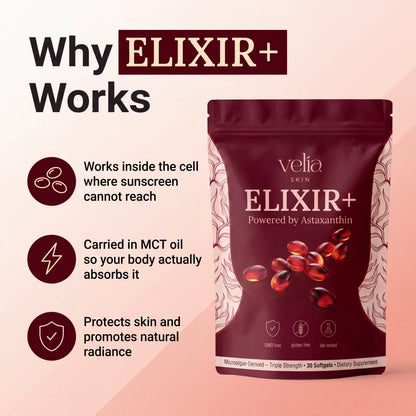 Velia ELIXIR+ Astaxanthin - Nature’s Most Powerful Antioxidant for Whole Body Support & Cellular Protection - 12mg Triple Strength